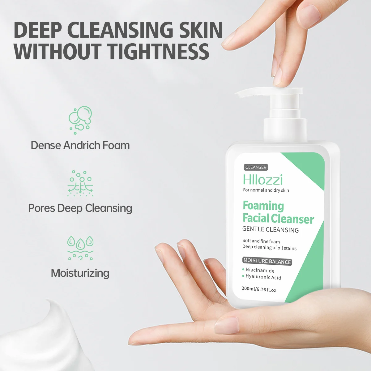Hllozzi Amino Acid Foaming Facial Cleanser with Niacinamide & Hyaluronic Acid